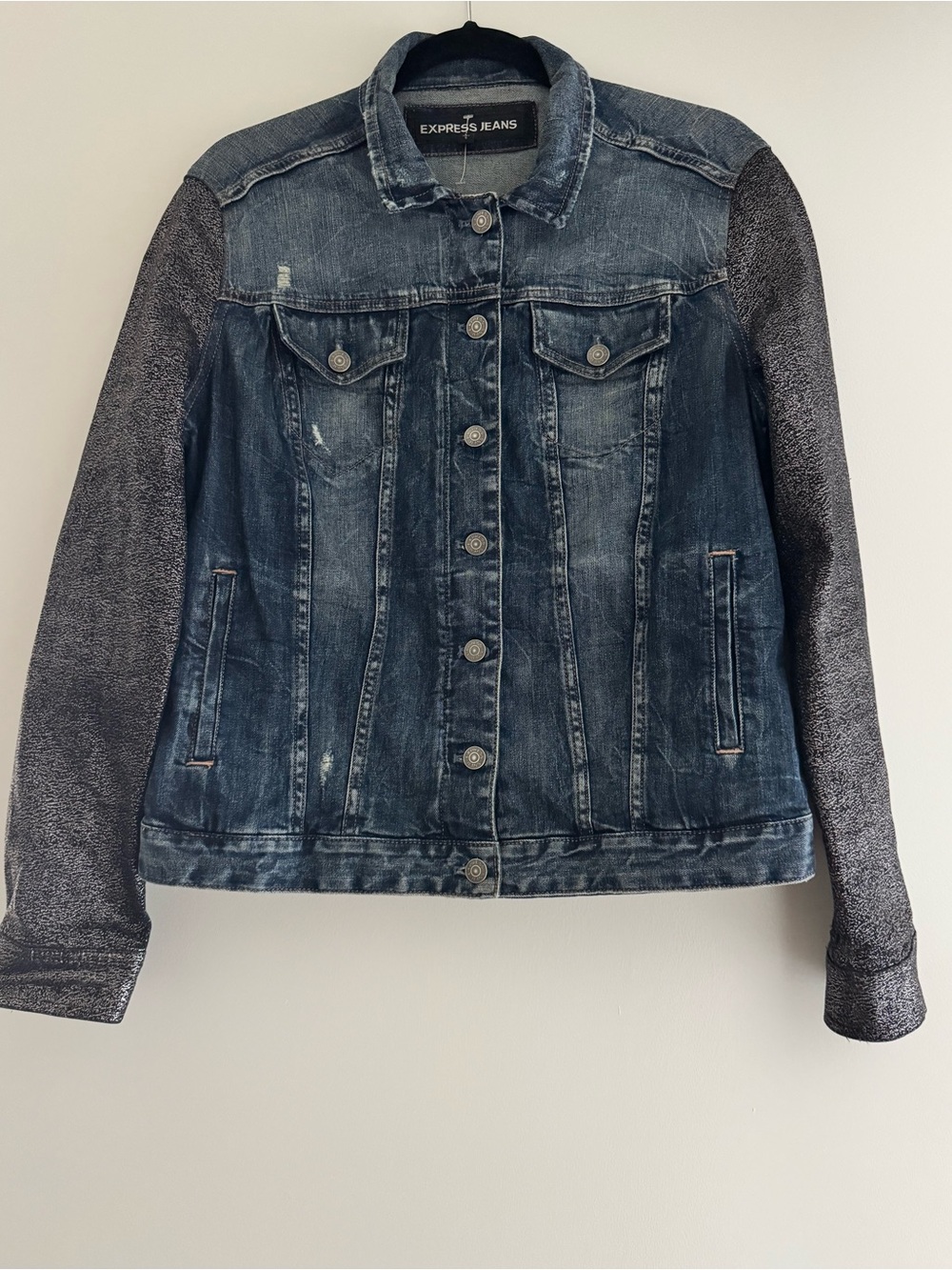 Women's Blue Denim Jacket with Metallic Sleeves